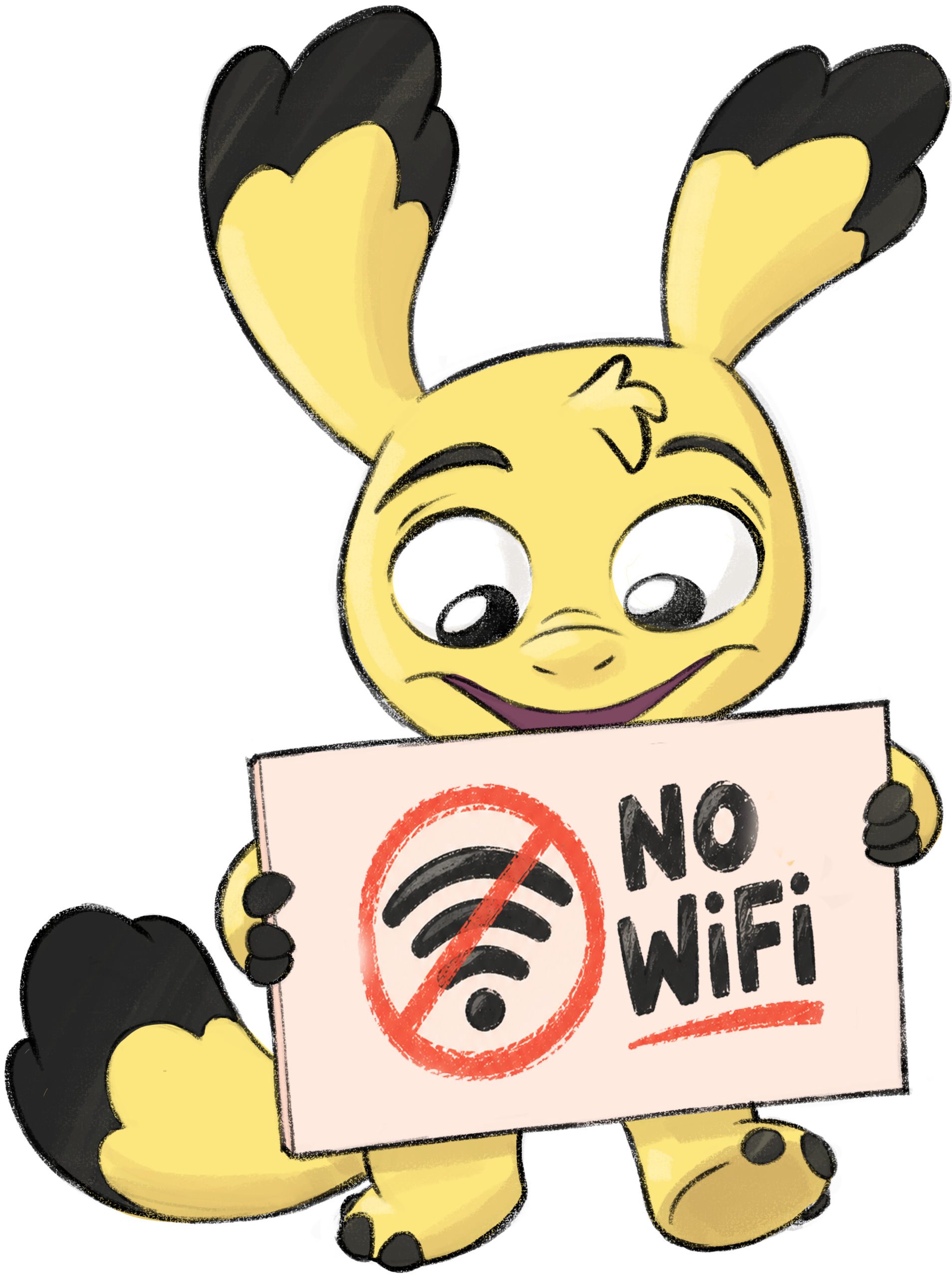 Courage-mascotte met een No WiFi-bord