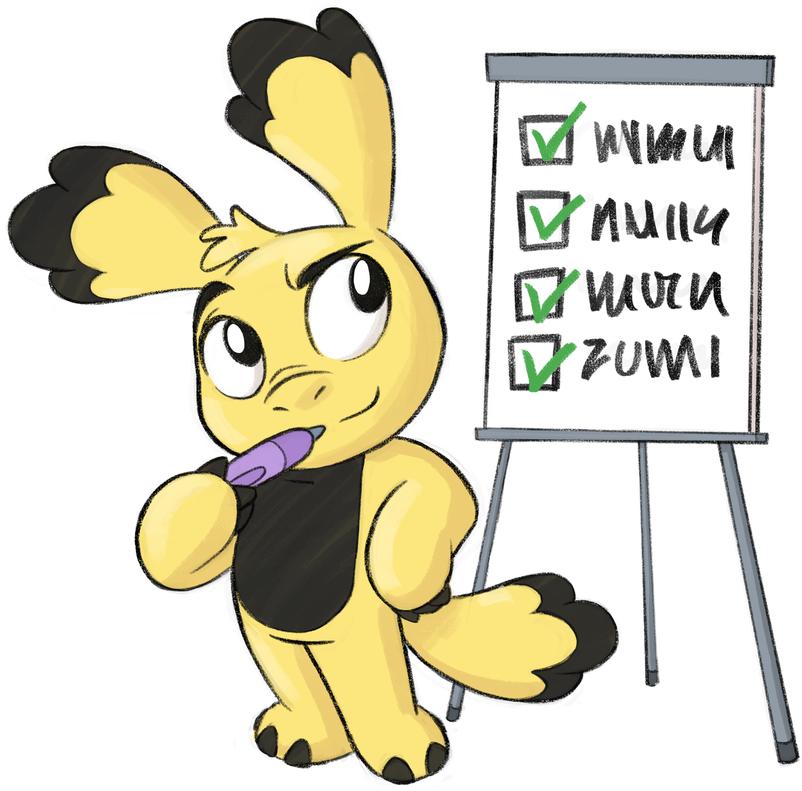 Courage-mascotte naast een checklist